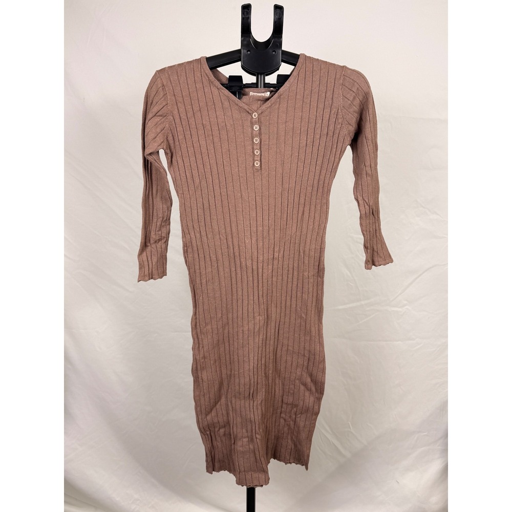 Inherit Clothing Preppy Tight Ribbed Knit Henley Midi Dress Mauve Brown Small